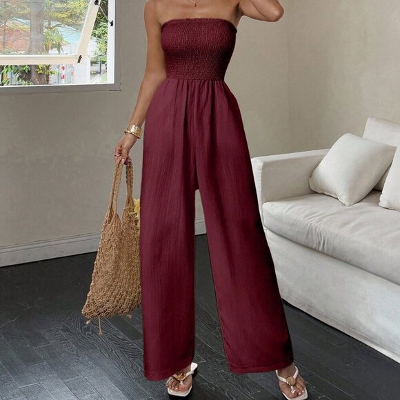 Burgundy Casual Women's Sexy Pleated Off-Shoulder Sleeveless Jumpsuit - Picture 5 of 7